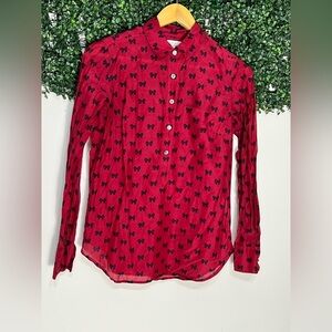 J. Crew Silk Cotton Popover in Bows Professional Holiday Red Top Blouse Size 2